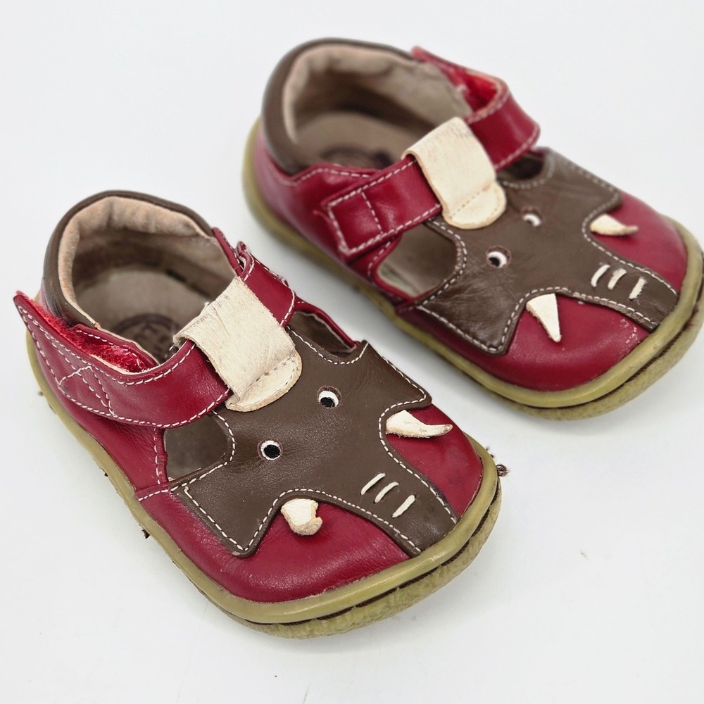 Livie & Luca Elephant Toddler Shoes Red Brown Leather Hook Loop Mary Jane 4 VGUC